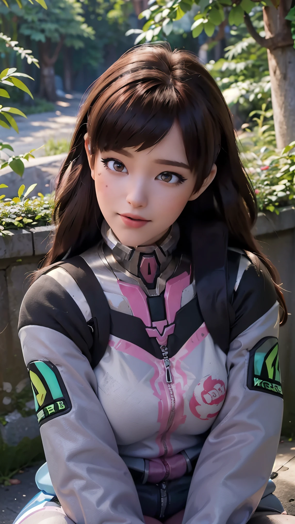 Tracer da overwatch,(best qualityer,4K,8k,high resolution,work of art:1.2)(weather: cloudy), Mondstadt forest background, forest road, freckles, black and pink jacket, mechanical armor, tight blue and pink bodysuit, pink whiskers, white gloves, white boots, cap, long straight hair, brown hair, ultra detailed, realistic,portraite,beautiful detailed hazel eyes, glowing eyes,blush,beautiful detailed lips,extremely detailed eye and face, long eyelashes,sexly,average, large breasts,beaming smile, flirty smile,powerful girl, sexy pose, stunning curves,bright coloured,dramatic lighting, sitting,