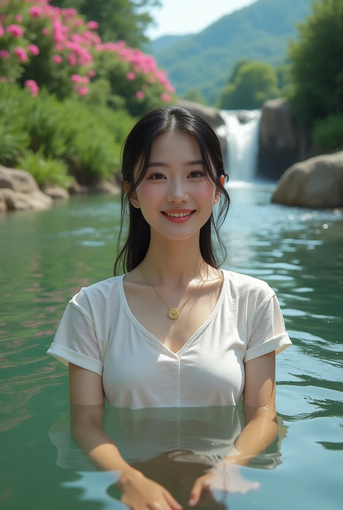 (On a table, Best quality, realistically, ultra - detailed, meticuloso, A high resolution, 8k wallpaper), Close-up portrait of a beautiful woman, Chariada, Smiling, light brown messy hair, Perfect dynamic composition, 美丽meticuloso的眼睛, Just like the cover of a fashion magazine, On campus