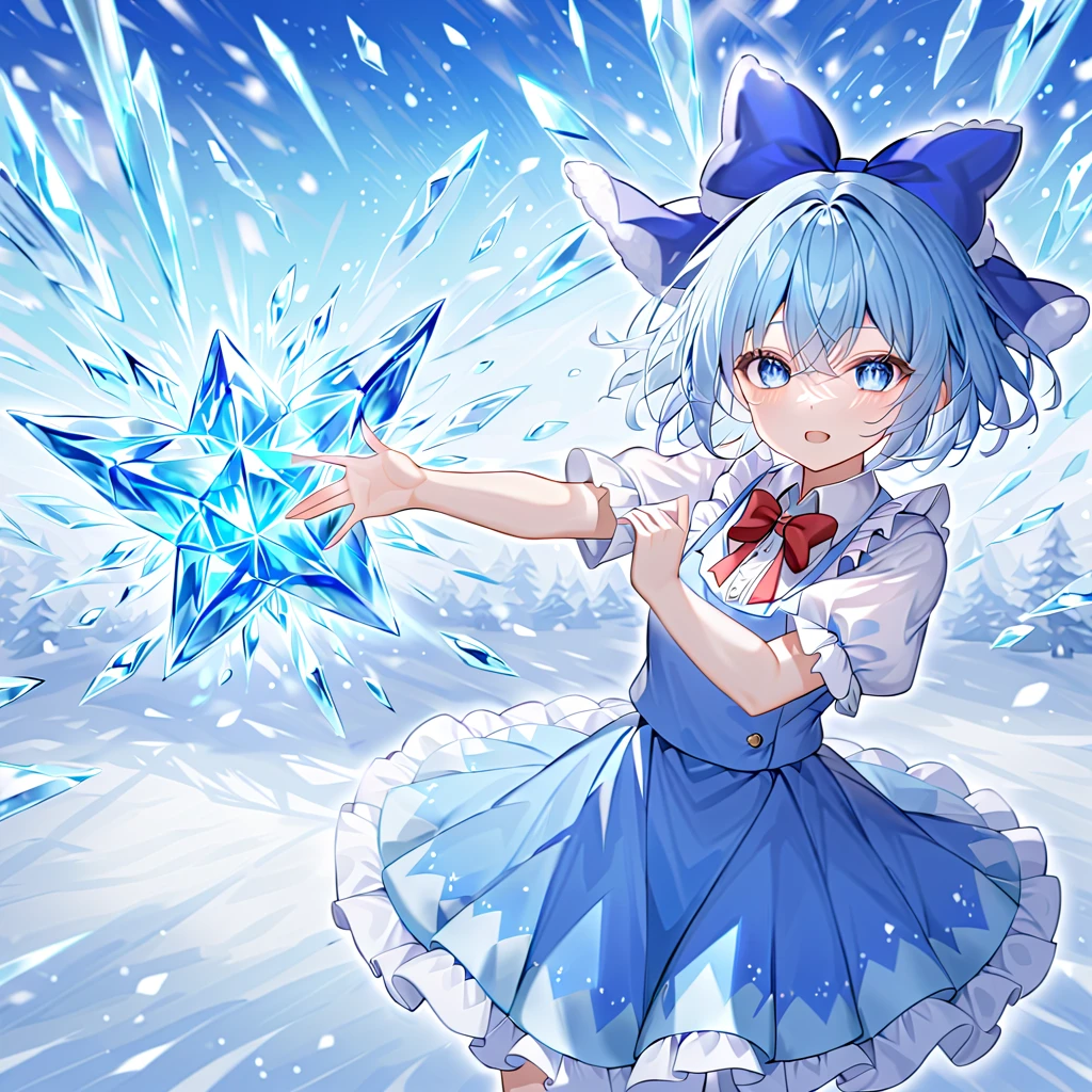 1 girl, Cirno, light blue hair, short hair, blue hair bow, blue dress, white sleeves, short sleeves, red bow tie, ice wings. She is executing the spell card "Icicle Fall," creating a matrix of small, elongated bullets. The bullets form a well-structured grid, filling the air with intricate ice patterns. The background features a winter wonderland, enhancing the frosty atmosphere.