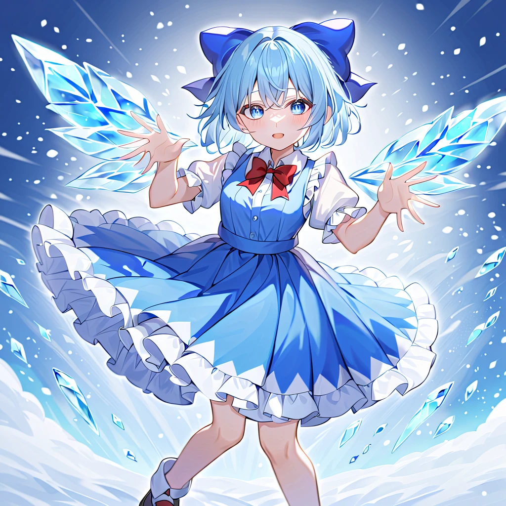 1 girl, Cirno, light blue hair, short hair, blue hair bow, blue dress, white sleeves, short sleeves, red bow tie, ice wings. She is executing the spell card "Icicle Fall," creating a matrix of small, elongated bullets. The bullets form a well-structured grid, filling the air with intricate ice patterns. The background features a winter wonderland, enhancing the frosty atmosphere.