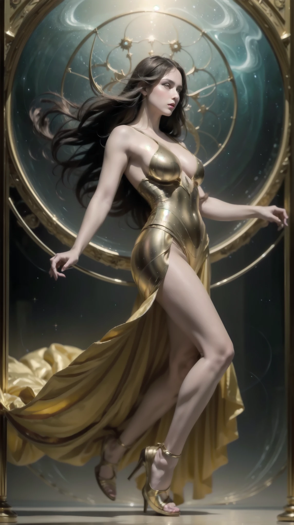  wearing sandals and gold sneakers ,  silhouette , Highly Detailed,  Imagine a dreamlike portrait of a fantastic woman ,  merging the cosmic colors inspired by Vincent van Gogh's Starry Night with the surreal heavenly precision reminiscent of Salvador Dalí, In this heavenly dance ,  the heavenly bodies reflect Turner's atmospheric touch ,  blur the boundary between reality and fantasy ,  Entering the foreground is an enchanting figure ,  incorporating the whimsical essence of Hieronyner's beings Mus Bosch and the organic grace found in art nouveau lines by Alphonse Mucha ,  infusing an otherworldly aura ,  elements inspired by H .r.  Giger's biomechanical aesthetic integrates perfectly ,  creating a fascinating synthesis of fantasy and realism , By Yukisakura, high detailed, 
body proportions, (Chapped lips:1.4), (blush de nariz:1.2), foreshortening, black cuts, (eye contact), High contrast, ultra high resolution, high resolution, detailed, Clean face,  (  face :1.5), (big purple eyes:1.2), ( Ultra-detailed eyes :1.4), ( High-resolution eyes :1.1), ( ultra detailed skin texture :1.4), PErSEPHONE, PErSÉFONE, Persephone, (SFW:1.5),  (full body:1.8), (upper body up:0.3), (hyper realistic:1.4), (realistic:1.3), (best quality real texture skin), Detailed eyes, detailed face,   

