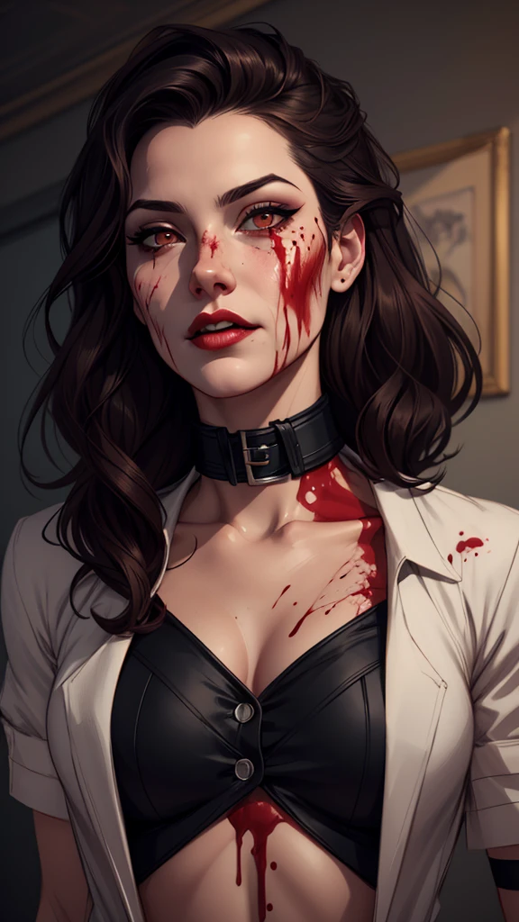 a drawing of a woman with blood on her face and a bloody collar, charlie bowater art style, arte do personagem Charlie Bowater, lois van rossdraws, Ross Draws 1. 0, female vampire, Carmilla Vampira, artgerm e rossdraws, style of charlie bowater, Vampire girl, Ross Draws 2. 0, Retrato de RossDraws, vampire portrait