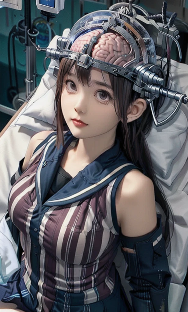 ( RAW photo: 1.2),   top quality , beautiful detailed girl, bunny girl,   lying in bed  , from above,  eyes and face,   beautiful detailed eyes ,  huge file size ,   High resolution,   8k ,  Fine details, highly detailed ticker uniform   8k , light in the face, movie lighting,  girl, pose sexy, (photorealism: 1.4),  illustration, Surrealism, from above,   super detail  ,  masterpiece ,  playboy bunny,  fishnet stockings ,  cabello corto masterpiece , better quality , very detailed,1 girl,Alone,Scared,panicking , constricted pupils,shrill, Raised eyebrows , big eyes,crying,Tears,
aaasuna,long hair, brown hair,Braid,brown eyes, fund market,armor,breastplate,white sleeves, stripped sleeves ,red skirt,pleated skirt, white stockings ,
BREAK
((( Laboratory,  lying on a hospital bed , reclining))), full body ,brain surgery,(((exposed brain, Machine device on the head ))),((((brain,brain in head device)))),