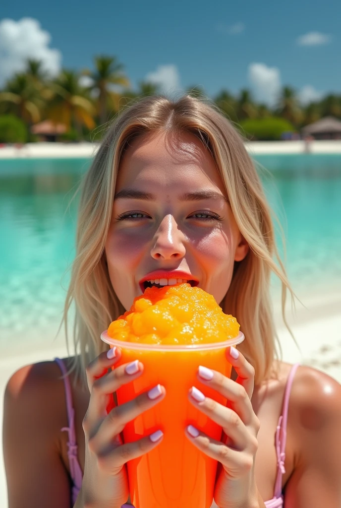 a beautiful blonde woman (reaching out to grab a cute boba tea sitting on a window sill:1.2), bikini, blonde hair blowing in the wind, smiling, curvy body, beach, tropical