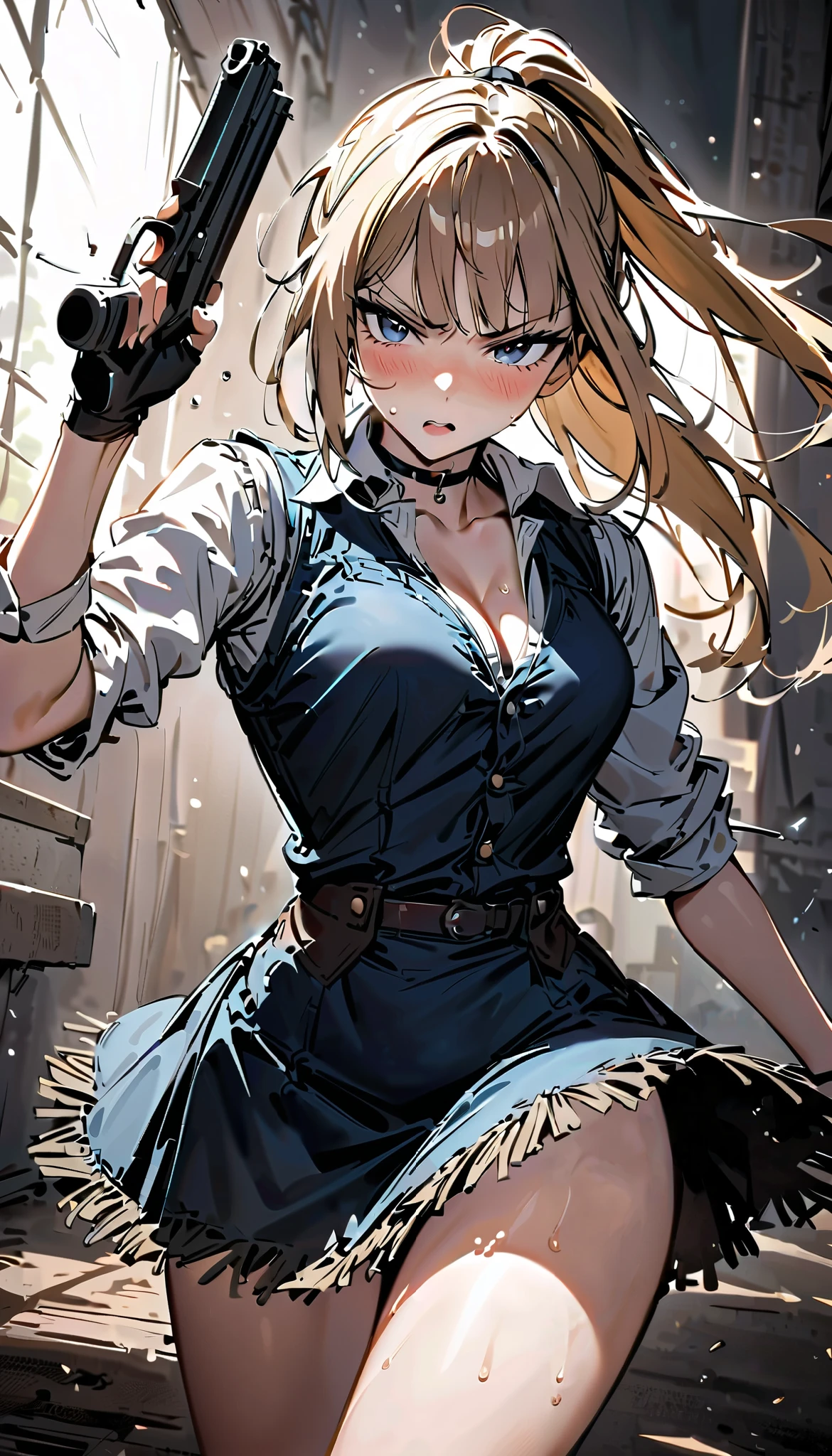 cowboy shot,1girl solo,action , Western girl, denim mini skirt, Long-sleeved blouse with rolled sleeves, woman holding a gun.,slim Female , beautiful thighs．{t,Slim body,Slim　thighs ,blunt bangs, black choker. Dynamic composition,dutch angle,{{fight}},{{masterpiece}}, {{{Highest quality}}},{{Very detailed}},holster　, Blouse , Western Style Vest,Fight,,{{v-shaped eyebrows}},Bad mood,blush,Sweat,raise one's eyebrows　,blonde hair, Long hair,Blunt bangs,Fringe Skirt　,,hand　,Black fingerless gloves,　,,ponytail,Training area,Indoor