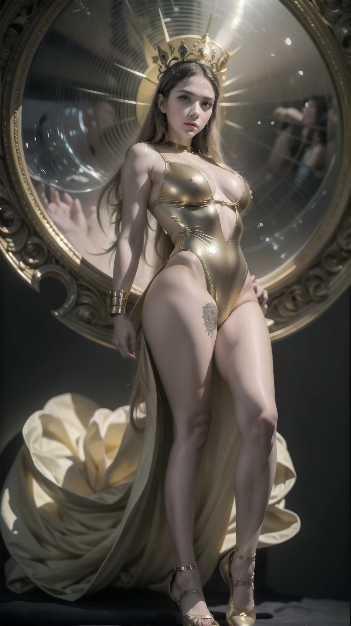  wearing sandals and gold sneakers ,  silhouette , Highly Detailed,  Imagine a dreamlike portrait of a fantastic woman ,  merging the cosmic colors inspired by Vincent van Gogh's Starry Night with the surreal heavenly precision reminiscent of Salvador Dalí, In this heavenly dance ,  the heavenly bodies reflect Turner's atmospheric touch ,  blur the boundary between reality and fantasy ,  Entering the foreground is an enchanting figure ,  incorporating the whimsical essence of Hieronyner's beings Mus Bosch and the organic grace found in art nouveau lines by Alphonse Mucha ,  infusing an otherworldly aura ,  elements inspired by H .r.  Giger's biomechanical aesthetic integrates perfectly ,  creating a fascinating synthesis of fantasy and realism , By Yukisakura, high detailed, 
body proportions, (Chapped lips:1.4), (blush de nariz:1.2), foreshortening, black cuts, (eye contact), High contrast, ultra high resolution, high resolution, detailed, Clean face,  (  face :1.5), (big purple eyes:1.2), ( Ultra-detailed eyes :1.4), ( High-resolution eyes :1.1), ( ultra detailed skin texture :1.4), PErSEPHONE, PErSÉFONE, Persephone, (SFW:1.5),  (full body:1.8), (upper body up:0.3), (hyper realistic:1.4), (realistic:1.3), (best quality real texture skin), Detailed eyes, detailed face,   

