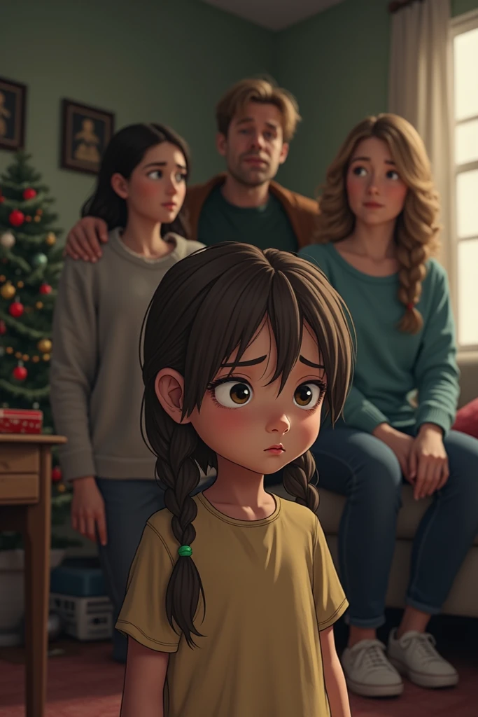 In a cozy living room with a fireplace, comfortable sofas, and a large portrait of their father on the wall, three brothers sit together, each holding a side of a shining necklace. The eldest, with black hair, blue eyes, and wearing a grey tunic, the middle, with brown hair, green eyes, and wearing a brown vest, and the youngest, with blonde hair, brown eyes, and wearing a green shirt, all look at each other with determination.