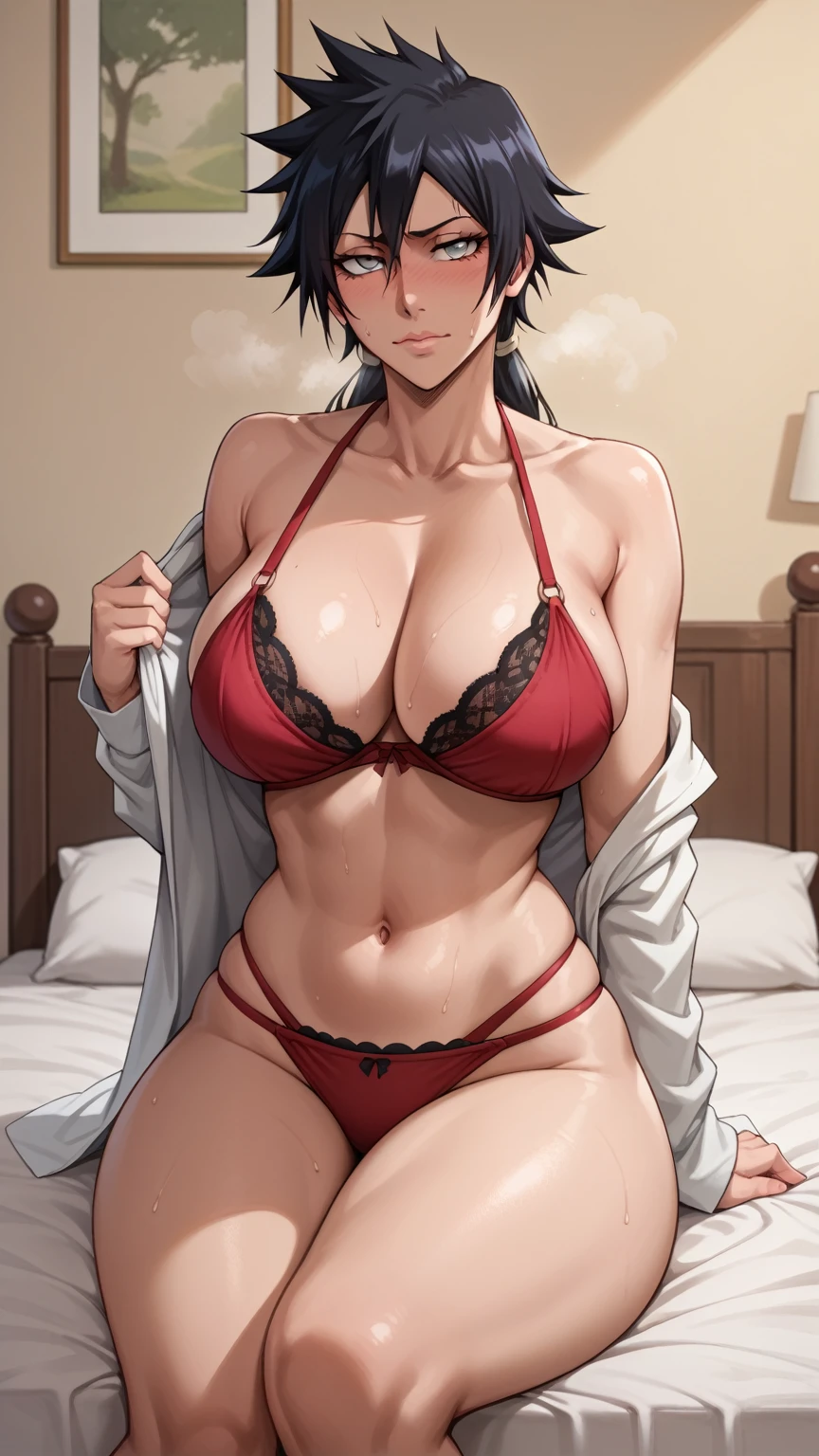 Black hair, scar on the cheek, Hollow eyes, Blush, Mikasa, Sexy pajamas, face to the viewer, Anime, 2.5D, 8K, Super detail, Masterpiece, 8K, A high resolution，Lie flat face up，Large breasts，Wide open chest