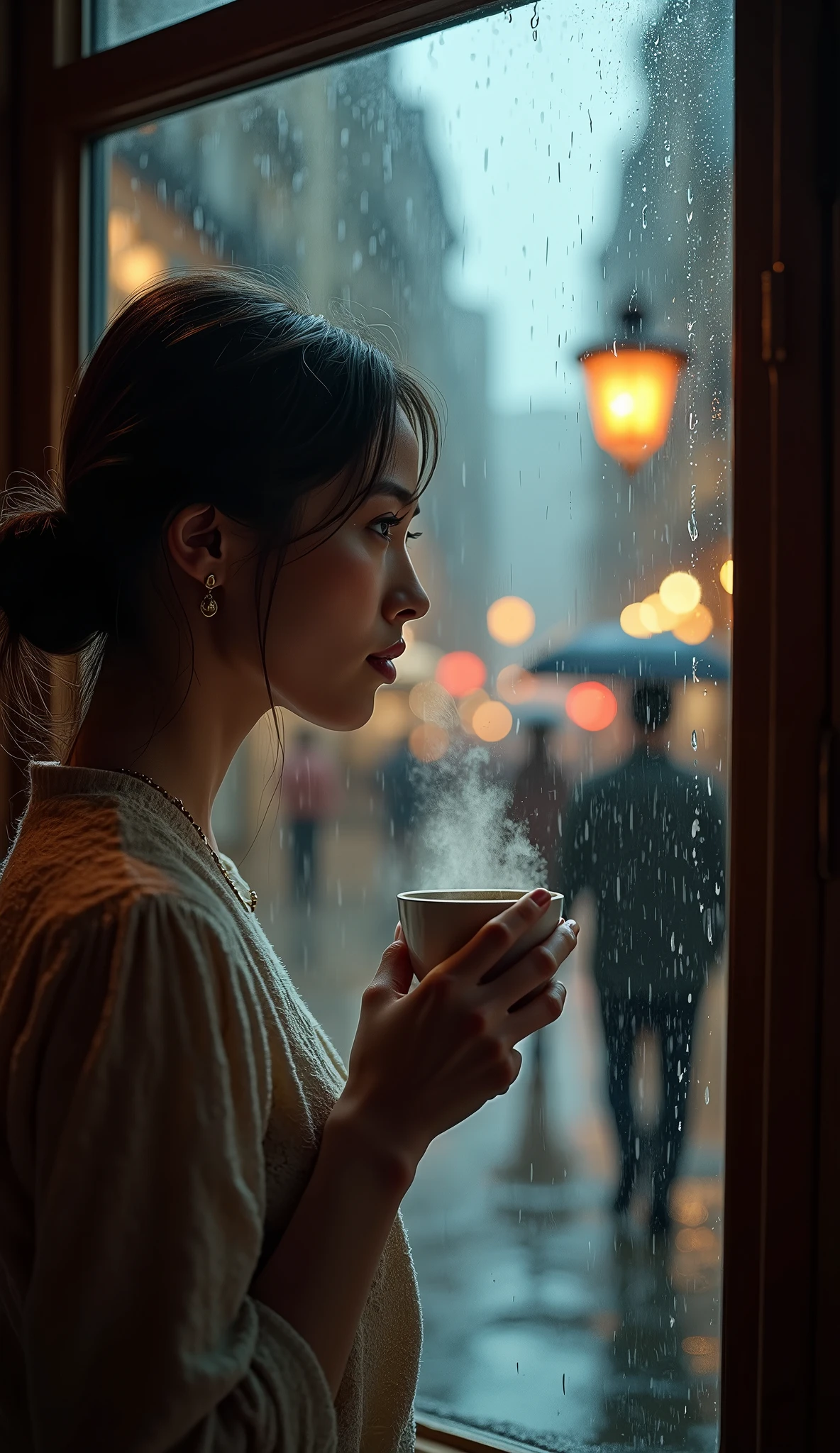  woman looking out the window with a cup of coffee ,  sees people walking with umbrellas down the street illuminated by a lantern,  torrential rain , puddles on the street , The glass has drops of water falling , chiaroscuro, cinematic lighting, UHD, Retina,  masterpiece , Accurate, Super detail, high details,  high quality ,  award winning , best quality, highres, 1080P, HD, 16K, anatomically correct, textured skin