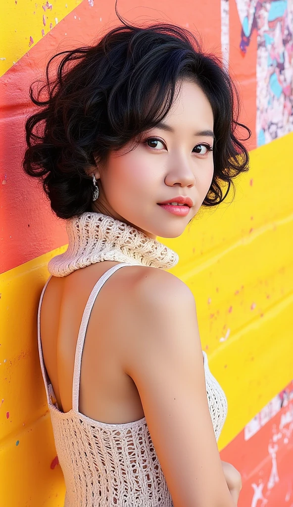 one Korean model, hair model, Unique hair details, turtleneck sleeveless sweater, double eyelid, plump lips, short curly hair, Illustration, pop art,