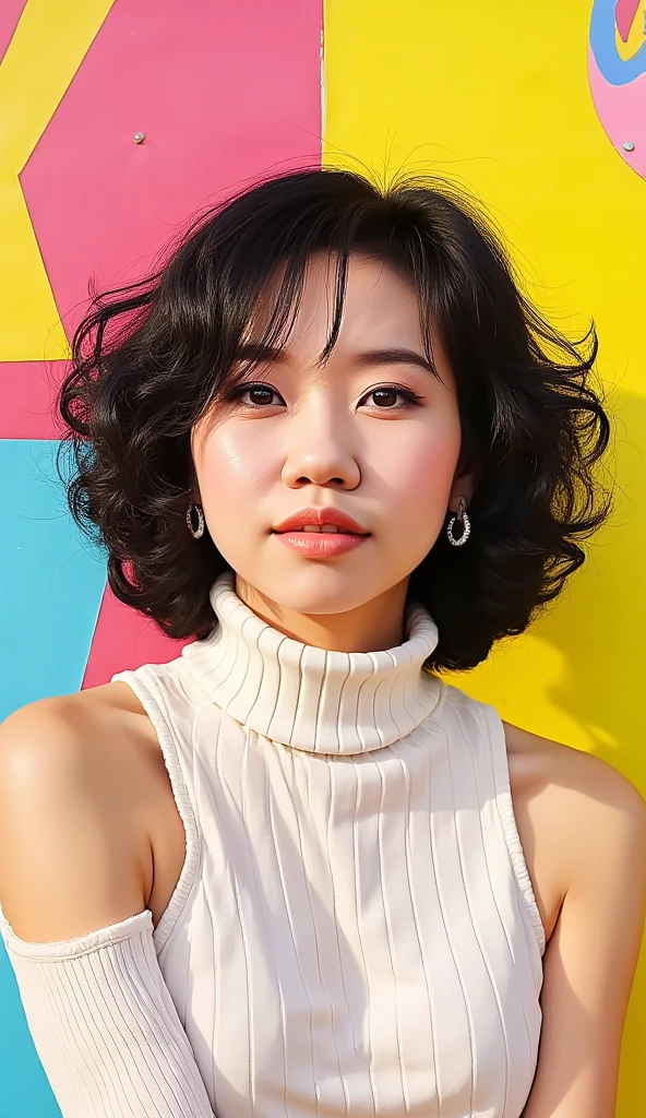 one Korean model, hair model, Unique hair details, turtleneck sleeveless sweater, double eyelid, plump lips, short curly hair, Illustration, pop art,