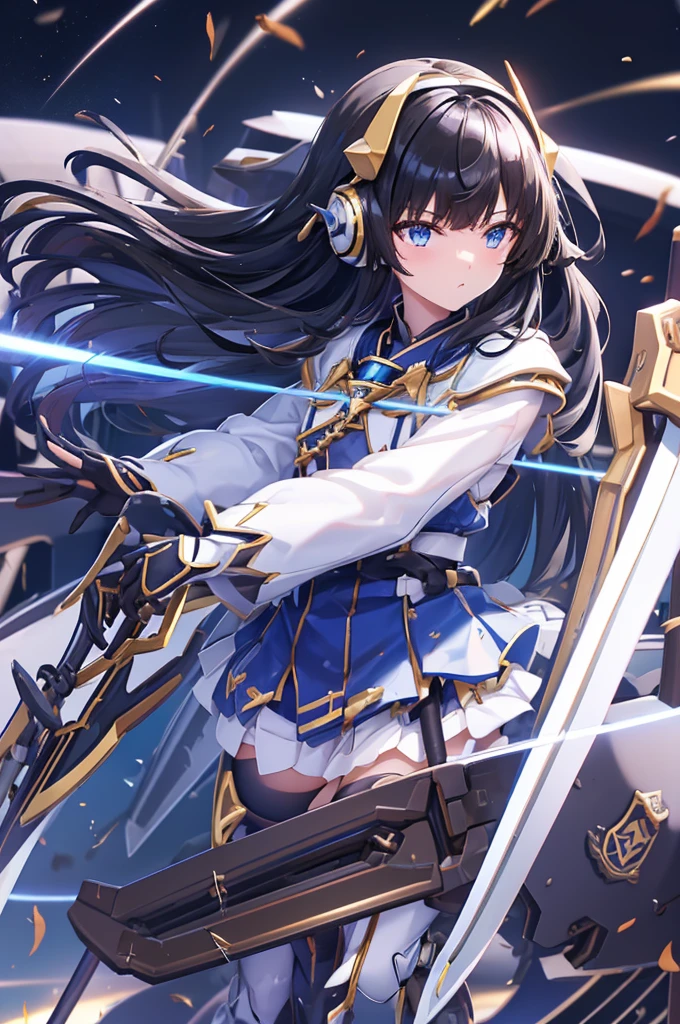 Rin々Funny face、mecha wing、Thighs、tights、chest、Shiny black hair、 1 girl、 solo girl 、 headset 、mecha girl、White clothes、 light blue mini skirt、 has a sword、sword、 has a shield、shield、priestess
