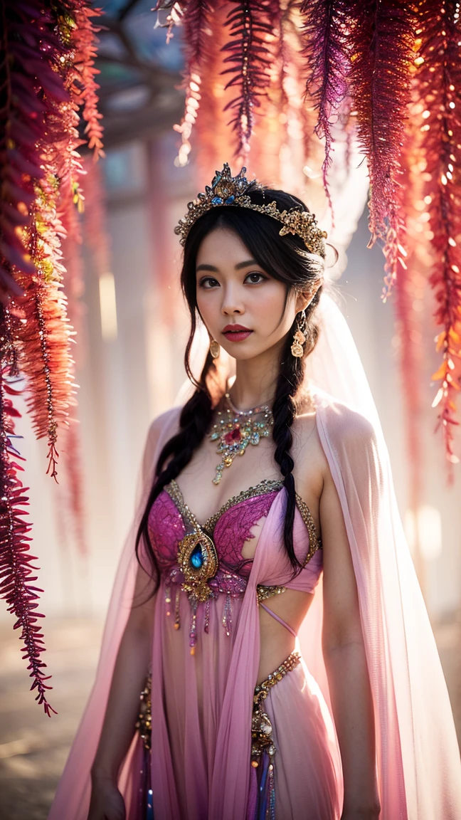 best qualtiy， tmasterpiece， 超高分辨率， （realisticlying：1.5）， RAW photogr， 1girll, silber hair, long hair，hair adornment shoulders，Cold and glamorous，Raised sexy，Cyan and pink tulle dress, Detailed scenes, amazing pose, Eye-catching accessories, Picturesque
