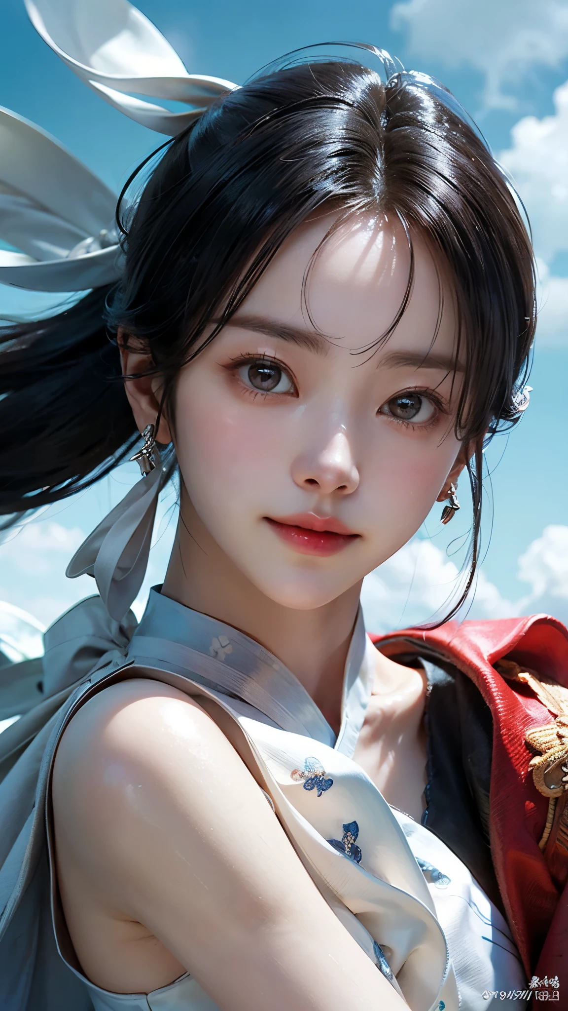 (masterpiece), ( top notch ), ( high quality detail ), (illustration), (1 woman),  are watching viewers, (Interview),  beautiful detailed eyes ,  delicate and beautiful face , Floating , (Highly saturated ), (shining),  blue sky, Bright and beautiful face,  Her skin is young, radiant, , 공정하고 shining, Best appearance , Very beautiful,  big eyes shine with clear sky blue light,  beautiful and amazing beautiful girl ,