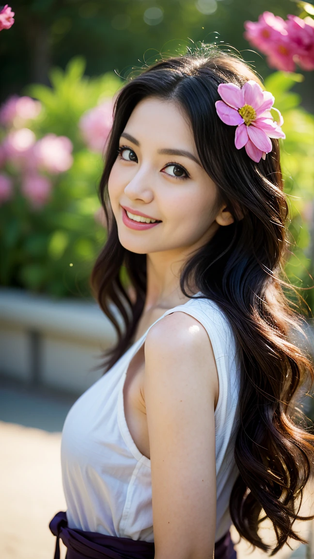8K picture quality、high resolution、Realistic skin texture、high resolutionの瞳、Miss、日本夏季办公室Miss、Sleeveless knitted shirt、Princess hairstyle、Thin、、Large Breasts、Large Breastsの谷間、(a charming smile:1.2), Brown hair、Thin脚、Large target、Sweat accumulates on the chest、roof、Comb your hair up，Cherry Blossom Background