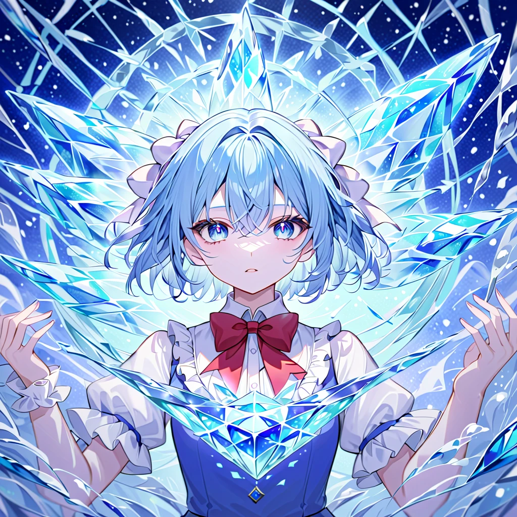 (((((danmaku))))), ((small elongated bullets egular grid)), Unexpected beauty, memorable masterpieces, 1 girl, Cirno, light blue hair, short hair, blue hair bow, blue dress, white sleeves, short sleeves, red bow tie, ice wings. She is executing the spell card "Icicle Fall," creating a matrix of small, elongated bullets. The bullets form a well-structured grid, filling the air with intricate ice patterns. The background features a winter wonderland, enhancing the frosty atmosphere.masterpiece, best quality, detailed, highly detailed, ultra detailed, high resolution, 8K, super detailed skin, (detailed beautiful eyes, detailed beautiful face, detailed beautiful face and eyes), very detailed background, highly detailed background, sparkle, star \(symbol\), 