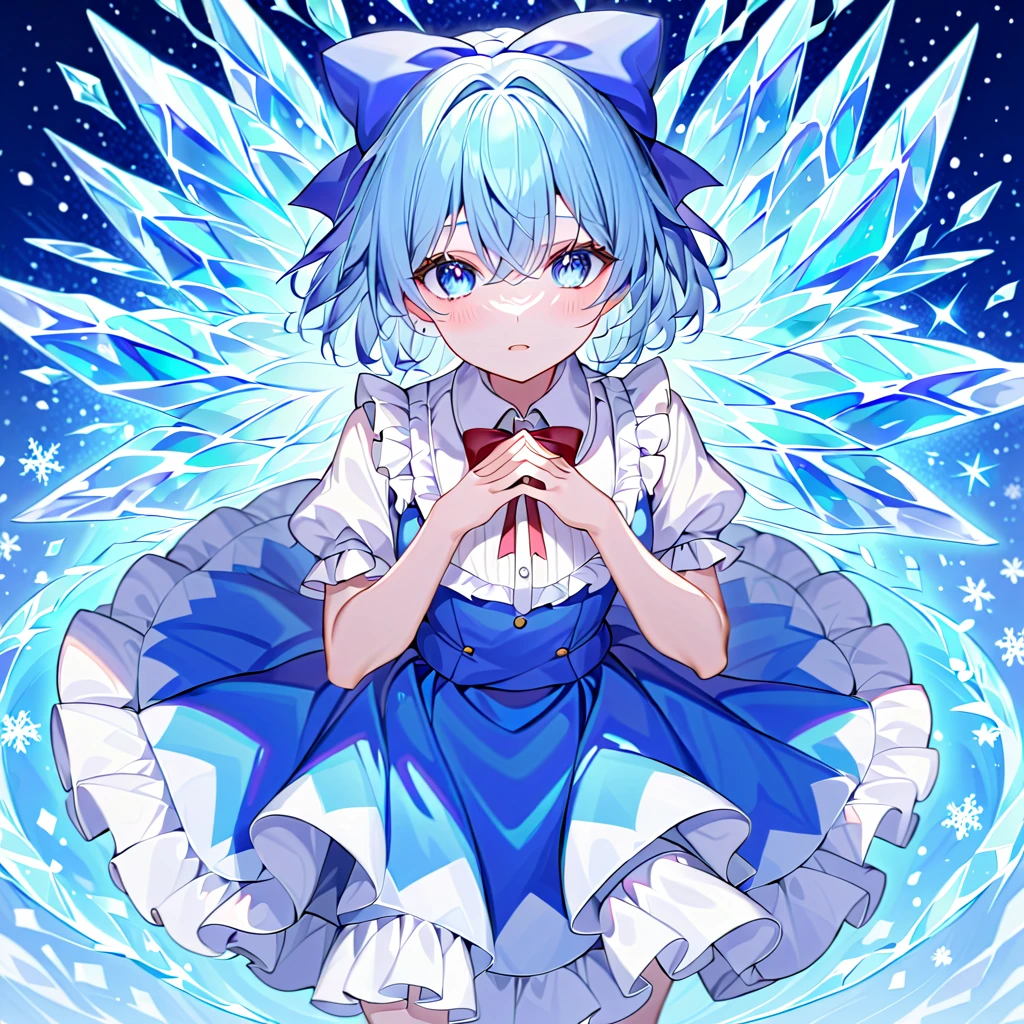 (((((danmaku))))), ((small elongated bullets egular grid)), Unexpected beauty, memorable masterpieces, 1 girl, Cirno, light blue hair, short hair, blue hair bow, blue dress, white sleeves, short sleeves, red bow tie, ice wings. She is executing the spell card "Icicle Fall," creating a matrix of small, elongated bullets. The bullets form a well-structured grid, filling the air with intricate ice patterns. The background features a winter wonderland, enhancing the frosty atmosphere.masterpiece, best quality, detailed, highly detailed, ultra detailed, high resolution, 8K, super detailed skin, (detailed beautiful eyes, detailed beautiful face, detailed beautiful face and eyes), very detailed background, highly detailed background, sparkle, star \(symbol\), 