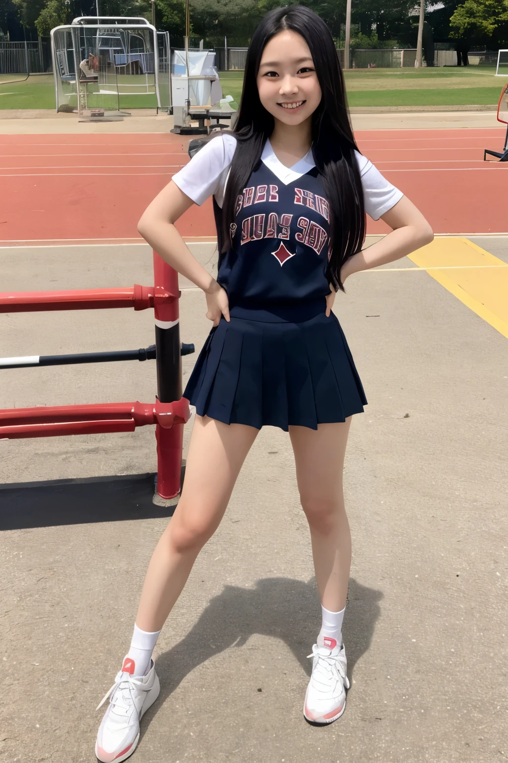 ((highest quality)), ((masterpiece)), (be familiar with), Perfect Face,Japanese,9 years old,Girl,cute,White polo shirt,Gym suit,Bloomers,Schoolyard,Navy blue gymnasium bloomers,Athletics