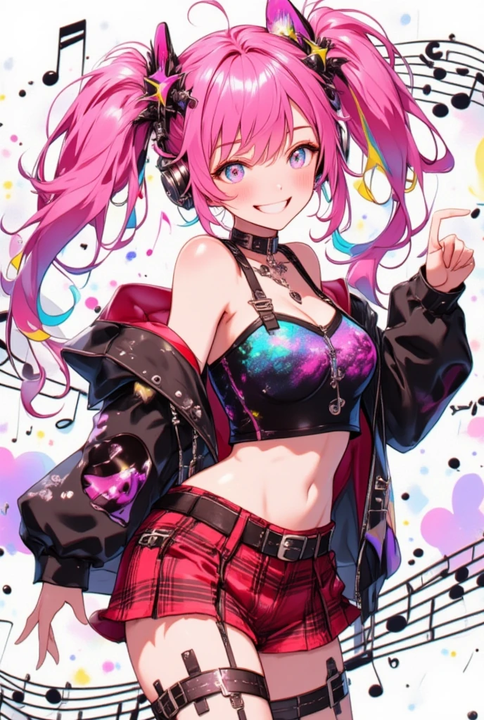 ((mika pikazo style)), colorful eyes, masterpiece, solo, 1 girl, topless, large nipples, nipples, black shorts, beautiful art, vibrant, colorful, medium breasts, multicolored hair, cat ear headphones, full bangs, teen, body, narrow waist, slender legs, hairband, choker, smiling, peace sign, spats, navel, thigh strap, abstract, paint splash, pink hair, tongue out, long tongue, short hair, hair ornaments, paint on body