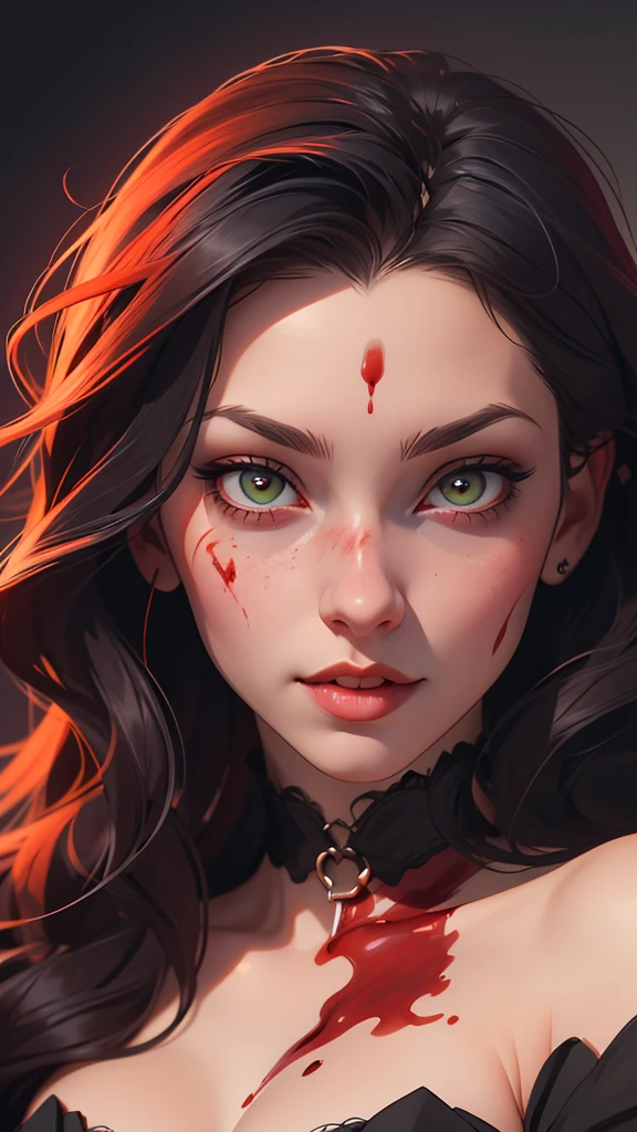 a drawing of a woman with blood on her face and a bloody collar, Charlie Bowater art style, arte da personagem charlie bowater,  Lois van Ross draws , Ross Draws 1. 0, female vampire, carmilla vampire, artgerm e rossdraws, Charlie Bowater style, vampire girl, Ross Draws 2. 0, Retrato por RossDraws, vampire portrait