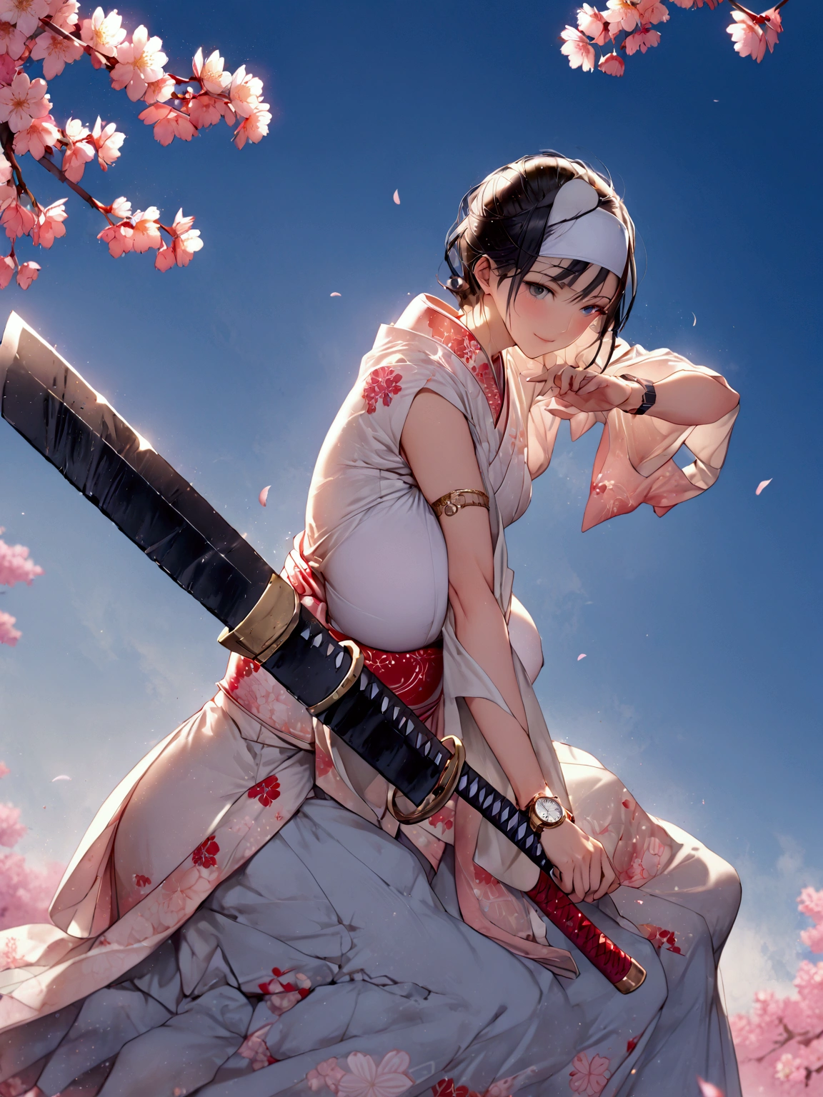 1 Japanese female,Old Japanese Female Warrior 、Female warlord、Warrior Princess、War Goddess、古い日本の鎧、(Clothing)、 black hair、 short hair、White headband、smile、 holding a Japanese sword、fight、(((blue sky)))、(((cherry blossoms)))、((( Japan's Warring States Period)))、「 best quality、masterpiece、  illustration without a face 、 Very Delicate and Beautiful 、 very detailed、CG、8k wallpaper、 amazing、 details、masterpiece、最高の究極の芸術 very detailed CG Unity 8k wallpaper」、Big Breasts、((( watch viewers)))