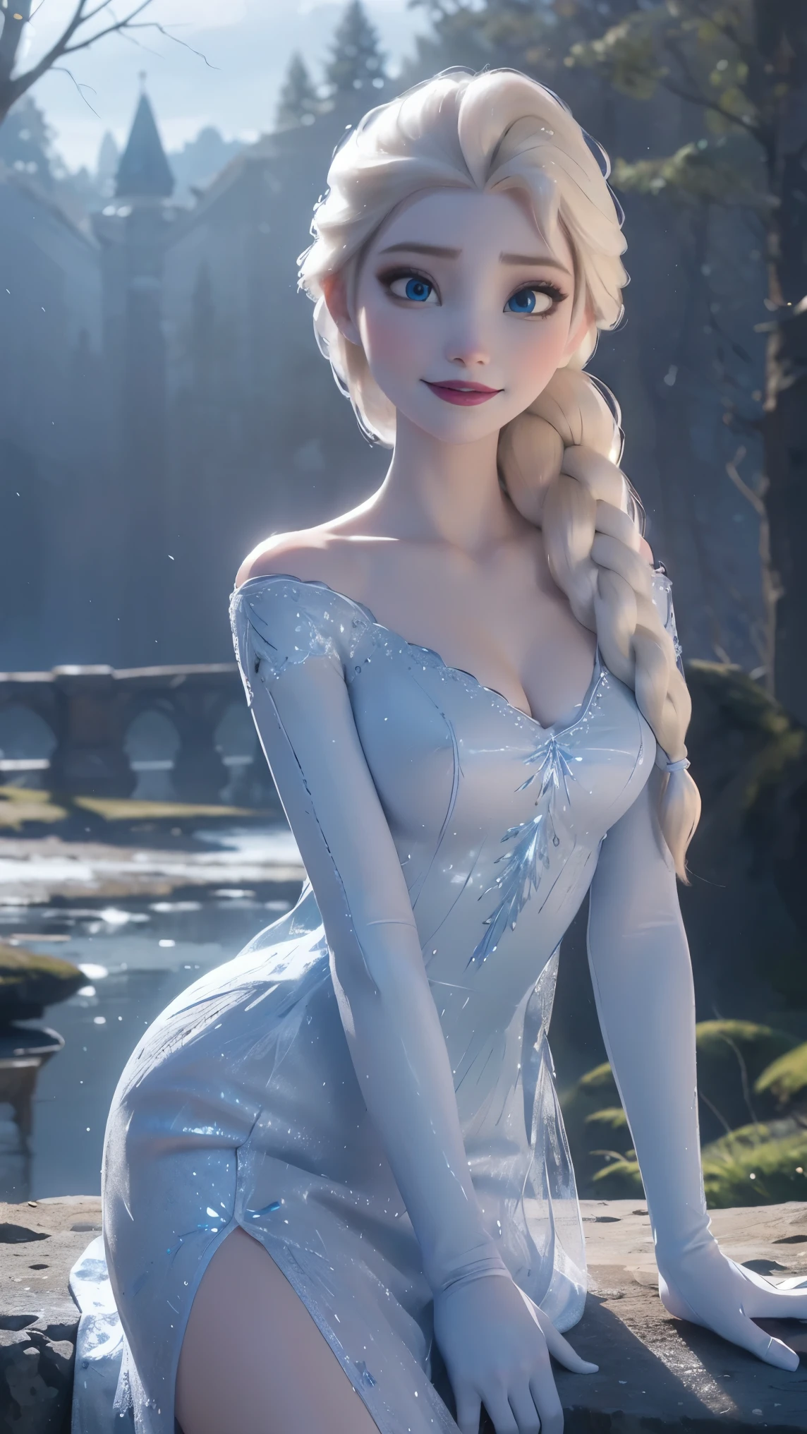 Elsa da frozen,(best qualityer,4K,8k,high resolution,work of art:1.2)(weather: winter), Mondstadt forest background, forest road, freckles, long crystal sleeveless gown dress, crystal dress trail, white stockings, crystal high heels, white elbow long gloves, snowflake embroidery, long braided hair, white hair, purple eyeshadow, ultra detailed, realistic,portraite,beautiful detailed blue eyes, glowing eyes,blush,beautiful detailed lips,extremely detailed eye and face, long eyelashes,sexly,average, large breasts,beaming smile, flirty smile,powerful girl, elegant pose, stunning curves,bright coloured,dramatic lighting, magic hands,