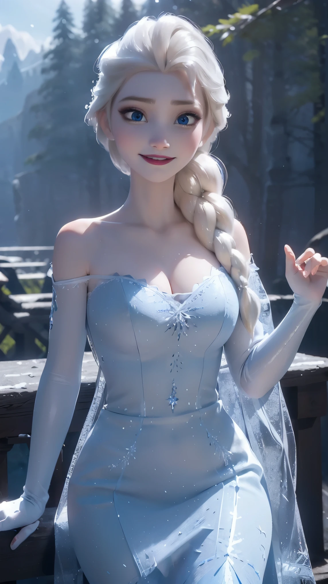 Elsa da frozen,(best qualityer,4K,8k,high resolution,work of art:1.2)(weather: winter), Mondstadt forest background, forest road, freckles, long crystal sleeveless gown dress, crystal dress trail, white stockings, crystal high heels, white elbow long gloves, snowflake embroidery, long braided hair, white hair, purple eyeshadow, ultra detailed, realistic,portraite,beautiful detailed blue eyes, glowing eyes,blush,beautiful detailed lips,extremely detailed eye and face, long eyelashes,sexly,average, large breasts,beaming smile, flirty smile,powerful girl, elegant pose, stunning curves,bright coloured,dramatic lighting, magic hands,