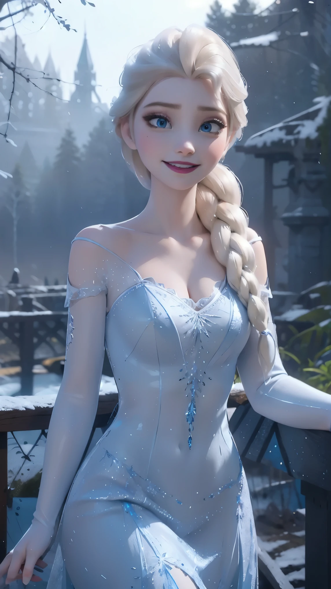 Elsa da frozen,(best qualityer,4K,8k,high resolution,work of art:1.2)(weather: winter), Mondstadt forest background, forest road, freckles, long crystal sleeveless gown dress, crystal dress trail, white stockings, crystal high heels, white elbow long gloves, snowflake embroidery, long braided hair, white hair, purple eyeshadow, ultra detailed, realistic,portraite,beautiful detailed blue eyes, glowing eyes,blush,beautiful detailed lips,extremely detailed eye and face, long eyelashes,sexly,average, large breasts,beaming smile, flirty smile,powerful girl, elegant pose, stunning curves,bright coloured,dramatic lighting, magic hands,