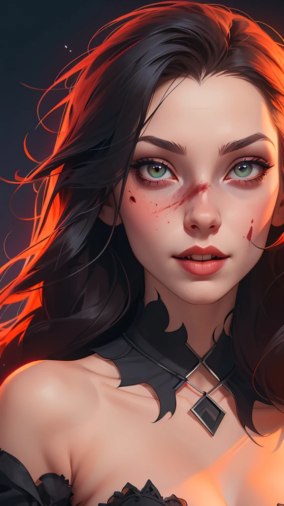 a drawing of a woman with blood on her face and a bloody collar, Charlie Bowater art style, arte da personagem charlie bowater,  Lois van Ross draws , Ross Draws 1. 0, female vampire, carmilla vampire, artgerm e rossdraws, Charlie Bowater style, vampire girl, Ross Draws 2. 0, Retrato por RossDraws, vampire portrait