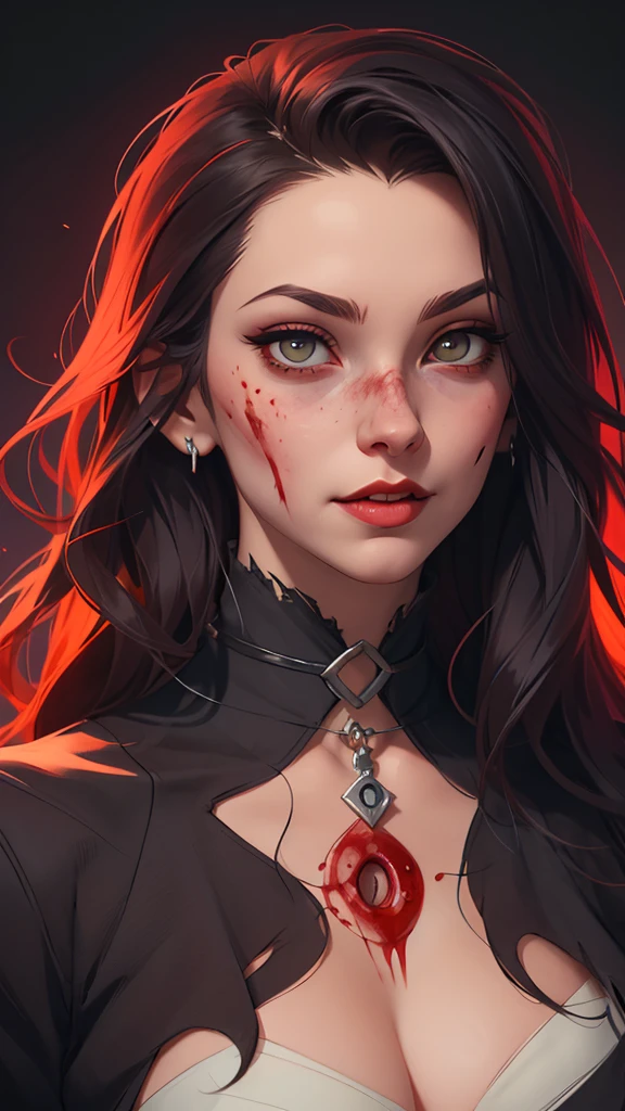 a drawing of a woman with blood on her face and a bloody collar, Charlie Bowater art style, arte da personagem charlie bowater,  Lois van Ross draws , Ross Draws 1. 0, female vampire, carmilla vampire, artgerm e rossdraws, Charlie Bowater style, vampire girl, Ross Draws 2. 0, Retrato por RossDraws, vampire portrait