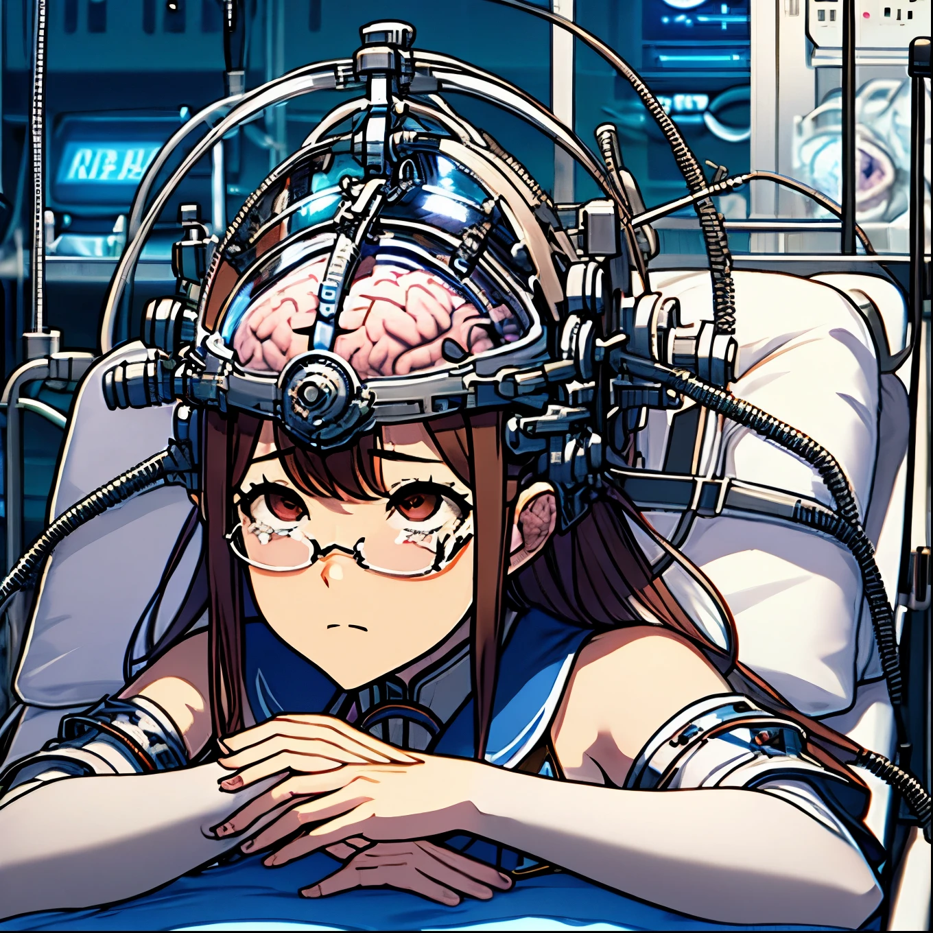  girl， long white hair ，red pupils，glasses，hospital gown，Masterpiece hospital bed , Best Quality , very detailed,1 girl,Alone,Scared,panicking ,  constricted pupils ,shrill, Raised eyebrows , big eyes,crying,Tears,
aaasuna,long hair, brown hair,Braid,brown eyes, fund market,armor,breastplate,white sleeves,detached sleeves,red skirt,pleated skirt, white stockings ,
BREAK
((( Laboratory,  lying on a hospital bed , reclining))), full body ,brain surgery,(((exposed brain, Machine device on the head ))),((((brain,brain in head device)))),