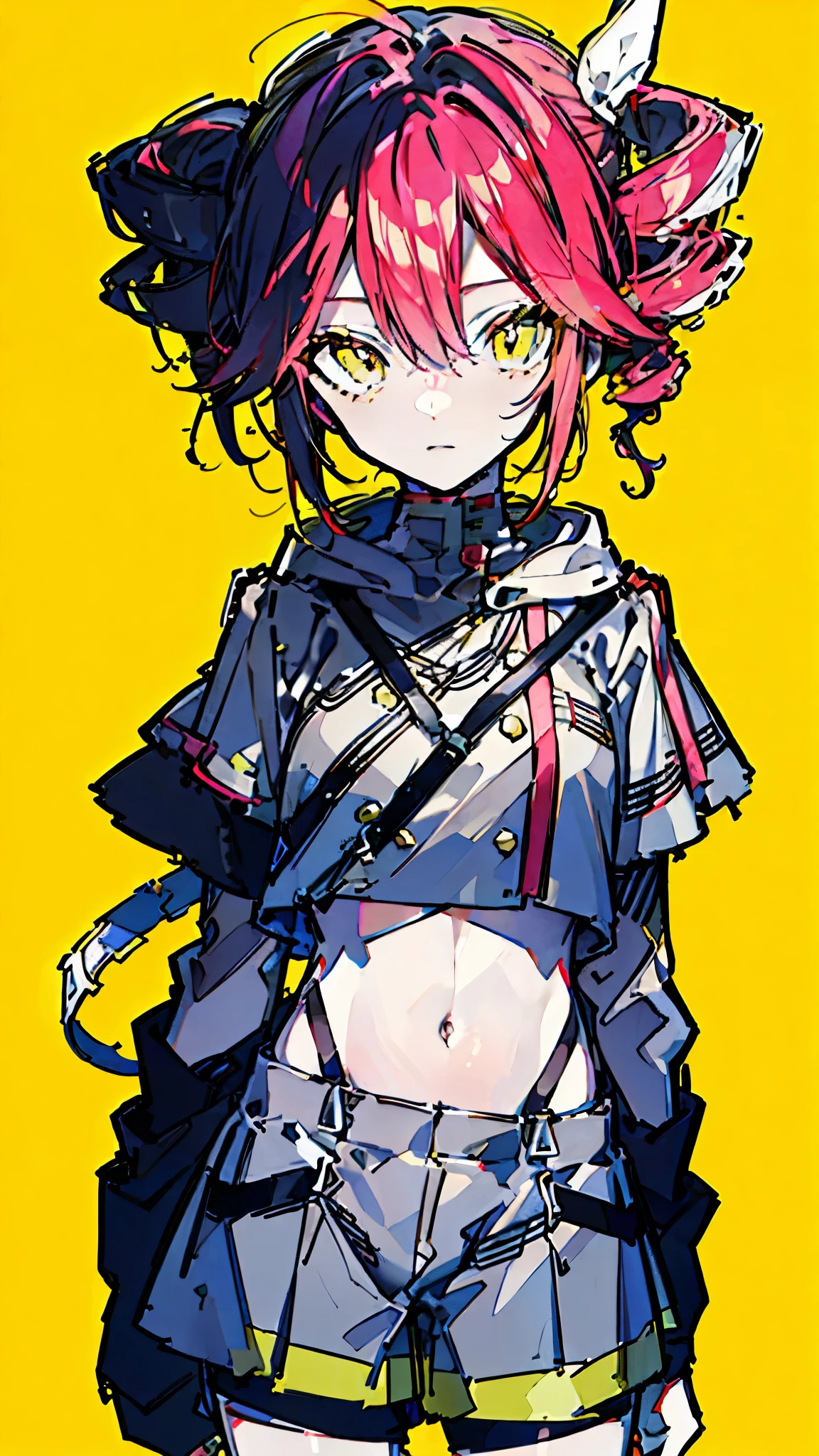 (masterpiece, highest quality:1.6), alone, thick outline, (simple background, Dark yellow background, monochrome, dark yellow theme:1.2), official art, Key Visual, 8K, disorganized, whole body, (Unique hair, Oversized Hoodies, hot pants, arch back, short torso:1.2), belly button, thighs, cowboy shot, HDR, sharp focus, High resolution, most detailed, very detailed, Super detailed, finely, detailed eyes and face, sharp pupils, realistic student, solo