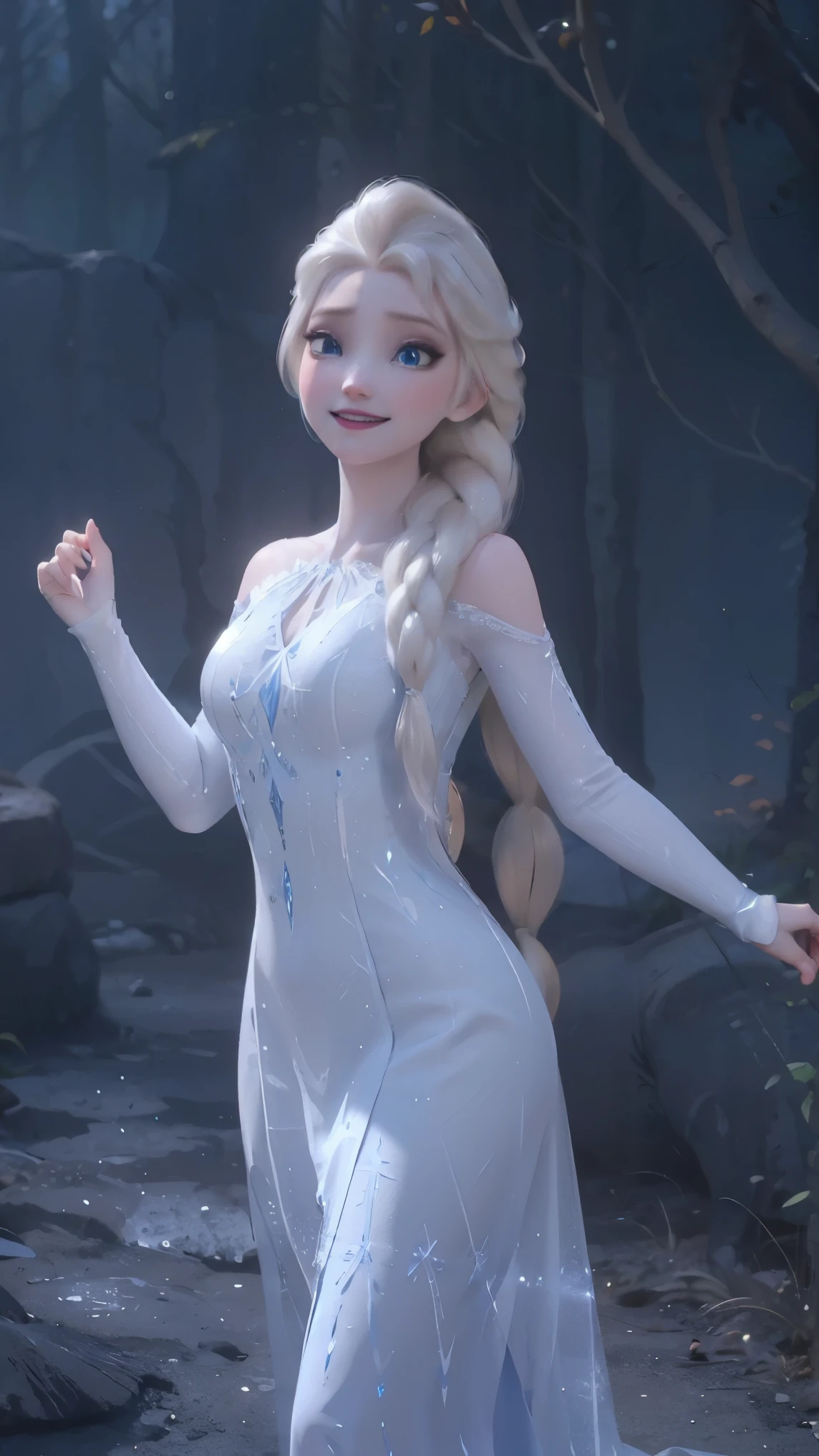 Elsa da frozen,(best qualityer,4K,8k,high resolution,work of art:1.2)(weather: winter), Mondstadt forest background, forest road, freckles, long crystal sleeveless gown dress, crystal dress trail, white stockings, crystal high heels, white elbow long gloves, snowflake embroidery, long braided hair, white hair, purple eyeshadow, ultra detailed, realistic,portraite,beautiful detailed blue eyes, glowing eyes,blush,beautiful detailed lips,extremely detailed eye and face, long eyelashes,sexly,average, large breasts,beaming smile, sexy smile,powerful girl, flirty pose, stunning curves,bright coloured,dramatic lighting, magic hands,