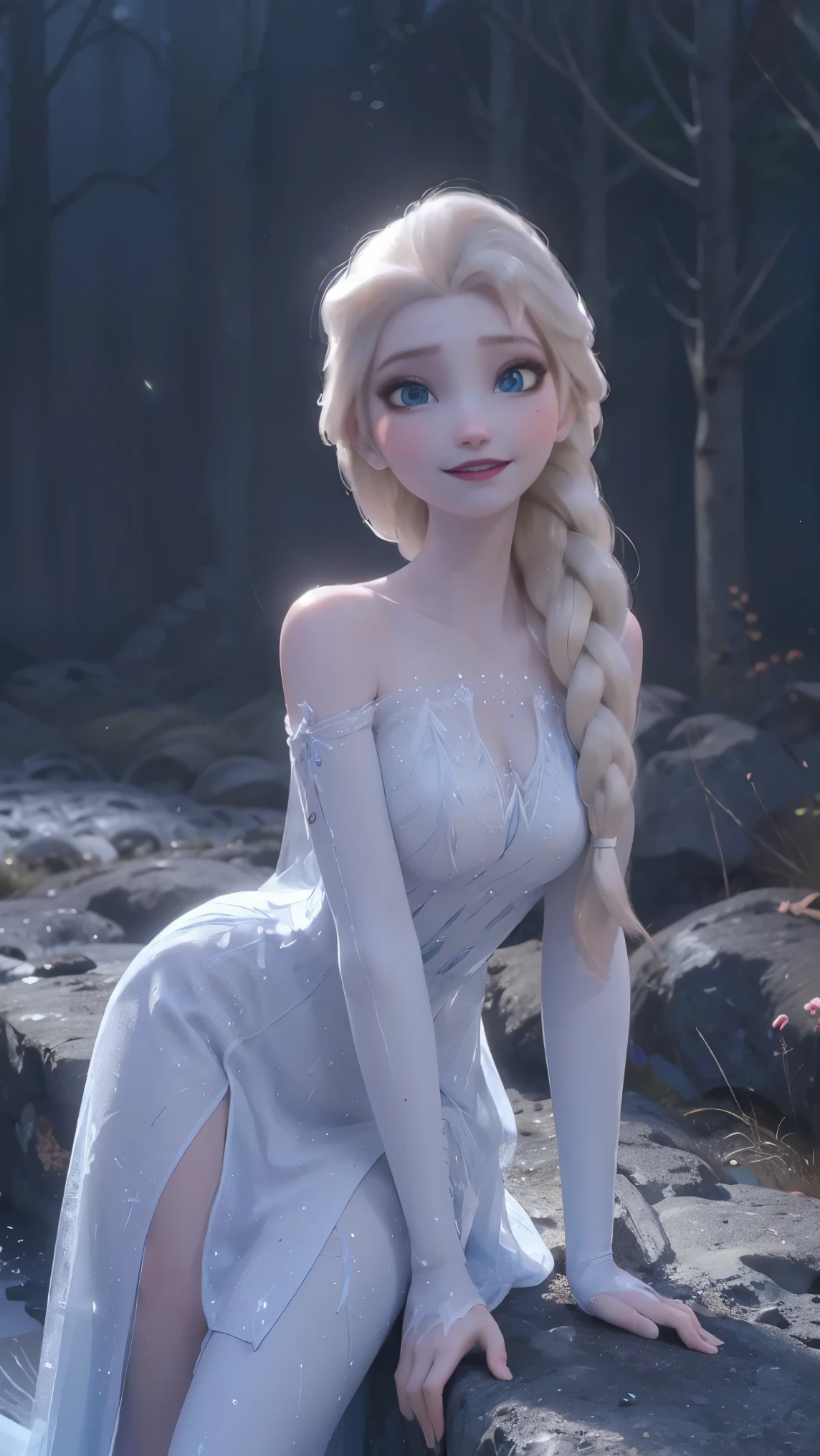 Elsa da frozen,(best qualityer,4K,8k,high resolution,work of art:1.2)(weather: winter), Mondstadt forest background, forest road, freckles, long crystal sleeveless gown dress, crystal dress trail, white stockings, crystal high heels, white elbow long gloves, snowflake embroidery, long braided hair, white hair, purple eyeshadow, ultra detailed, realistic,portraite,beautiful detailed blue eyes, glowing eyes,blush,beautiful detailed lips,extremely detailed eye and face, long eyelashes,sexly,average, large breasts,beaming smile, sexy smile,powerful girl, flirty pose, stunning curves,bright coloured,dramatic lighting, magic hands,