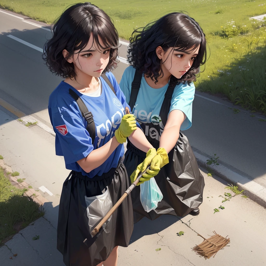 (masterpiece, best quality), best resolution, (2heads:1.5), 1girl, black hair, blue eyes, bemused, green t-shirt, brown short pants, squatting, picking up trash from the ground, park