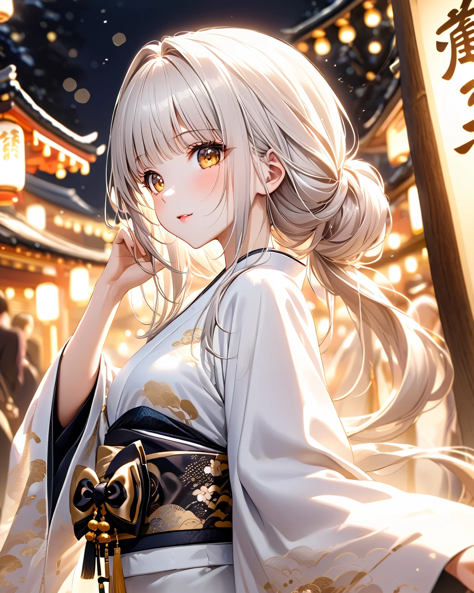 1girl, solo, FHD, Super Detail, top-quality, Very delicate, (upper body), cinematic lighting, ultra detailed, FHD, Super Detail, top-quality, Very delicate, Facing the lens, side view ,masterpiece, best quality, Kawaii pose, dynamic angle, incredibly absurdres, high detail eyes, droopy eyes, cute eyes, cheerful, full body, cute face, from right, turn to the side, blancrnd, white hair, very long hair, yellow eyes, medium breasts, hair intakes, bangs, side hair bow, japanese clothes, rabbit printed white kimono, wide sleeves, black footwear, bokeh, japanese shrine, japanese jinjya, newyear, illumination, light, neon sign, cute pose, perfect hands, hand in own hair