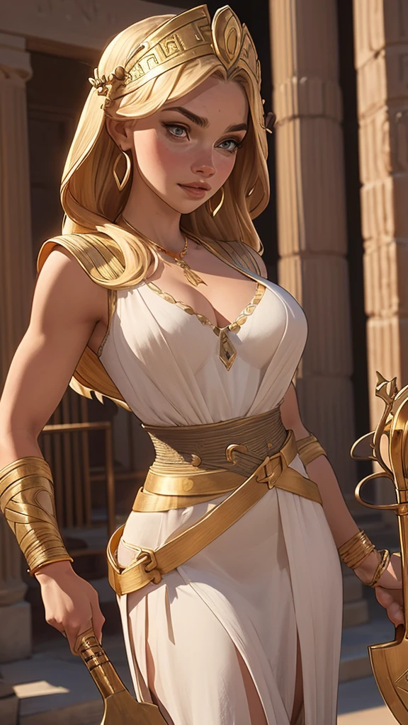 Scarlet Johansson as the Greek goddess Artemis, blonde hair, (Detailed face 1.4), jewelry on arms, jewelry on neck, gold earrings, full nude, full body, athletic, (good anatomy), (good proportions), dynamic pose in a Greek landscape, Greek columns, ultra detailed, Muted colors, cinematic, (high quality), photorealistic, award-winning, masterpiece, buttocks, bare buttocks, shot from behind.