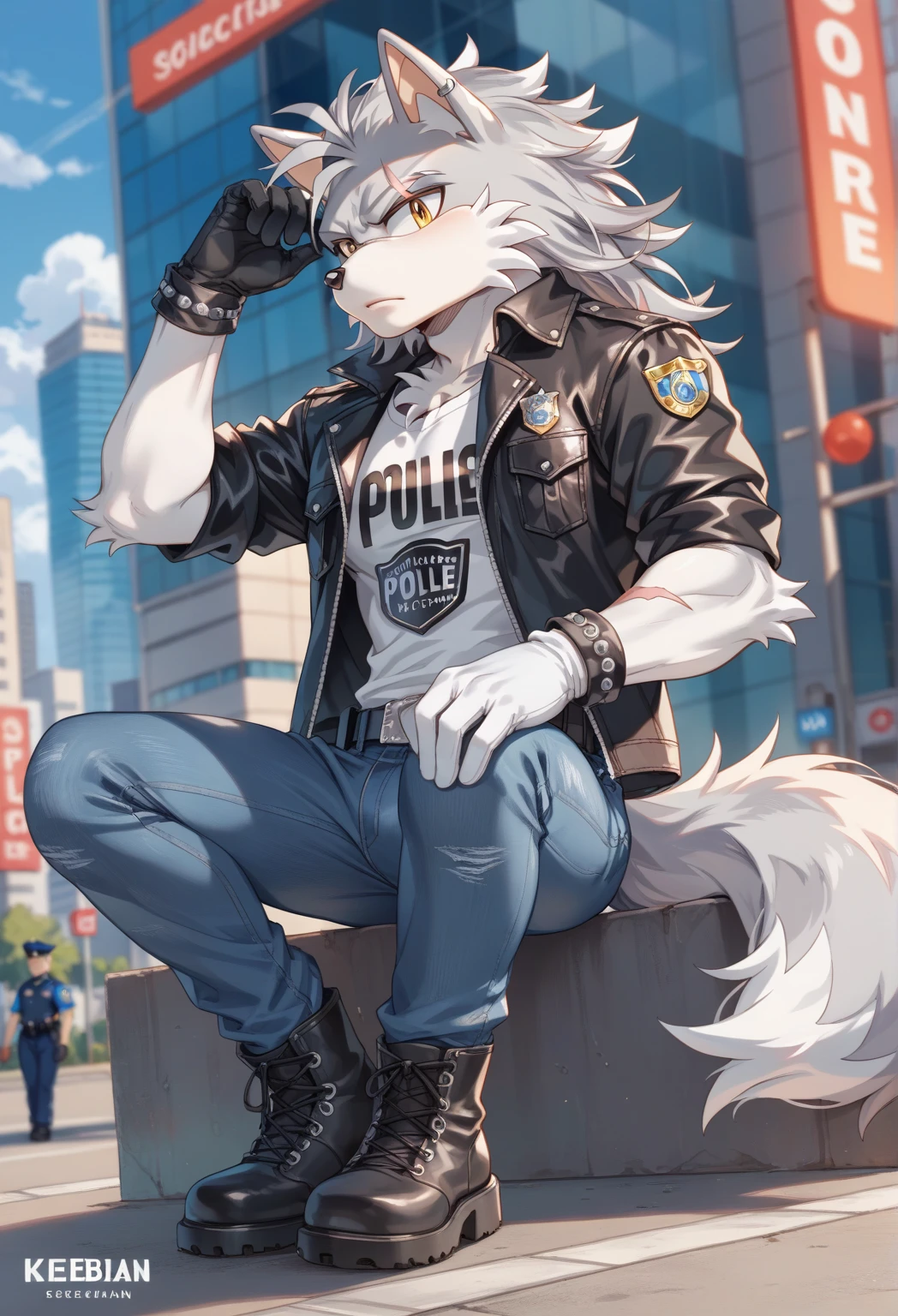 Male Wolf, ((Sonic character oc )), Masculine adult, ( silver fur in all body ), ( light gray inner ears ), (Alone), ( Short wild and messy hair ), City, scar near the left eye that crosses the left eye diagonally, wears a white T-shirt, closed black leather jacket, black gloves with cut toes Jeans and boots, yellow Eyes, Day time, ((mobian)), moebius, (Fluffy Fur), Large Fluffy Tail, serious and sexy pose, Secret Agent Police (Mobian Police Logo)