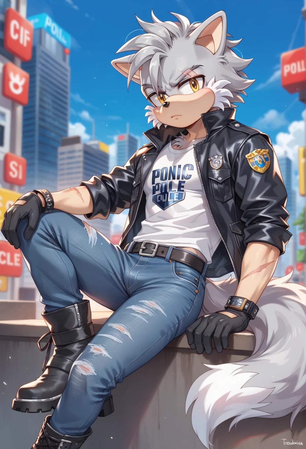 Male Wolf, ((Sonic character oc )), Masculine adult, ( silver fur in all body ), ( light gray inner ears ), (Alone), ( Short wild and messy hair ), City, scar near the left eye that crosses the left eye diagonally, wears a white T-shirt, closed black leather jacket, black gloves with cut toes Jeans and boots, yellow Eyes, Day time, ((mobian)), moebius, (Fluffy Fur), Large Fluffy Tail, serious and sexy pose, Secret Agent Police (Mobian Police Logo)