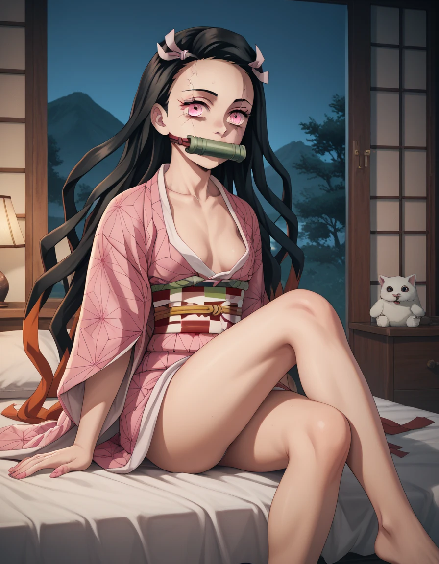 source_anime, dnezukoxlv4, 1girl, solo, bit gag, gag, japanese clothes, kimono, pink kimono, beautiful body, perfect body, loli_body, smile, pink eyes, bedroom, small breasts, beautiful legs