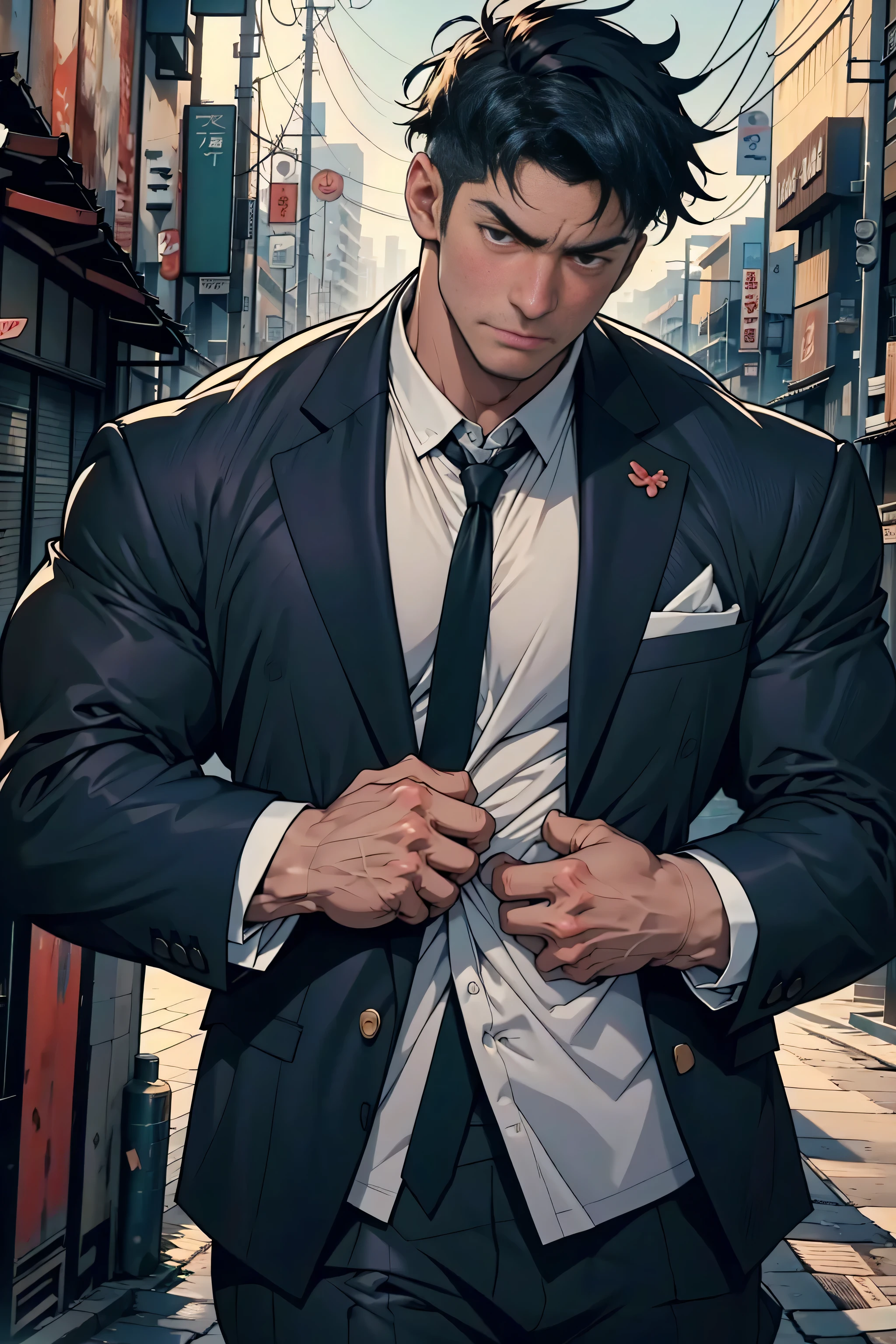 Chest-up shot,(( best quality)), ((masterpiece)), ( Details),  perfect face, High Definition ,masterpiece,4K, 1 macho man , muscular Japanese man, Mafia executives,Strong body,20 years old,Suit and tie ,