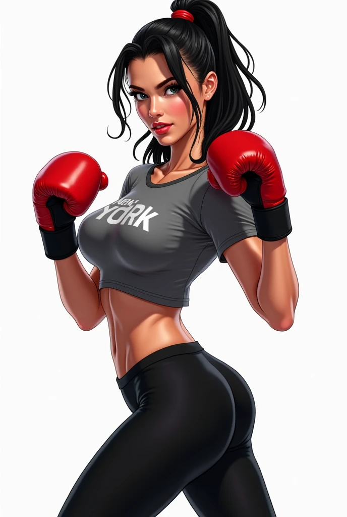 Wide angle shot, rear view, beautiful female street fighter, wearing large glasses, black undercut hair, wearing large steel knuckles