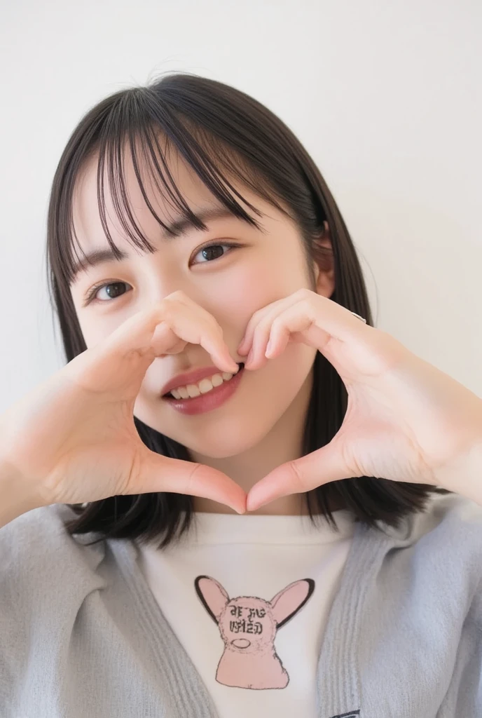 Only one smiling woman poses wearing cute pajamas with only her shoulders exposed, making a firm big heart shape with both hands, and holding them in front of her chest, View above collarbone、The background is a monotone 、
