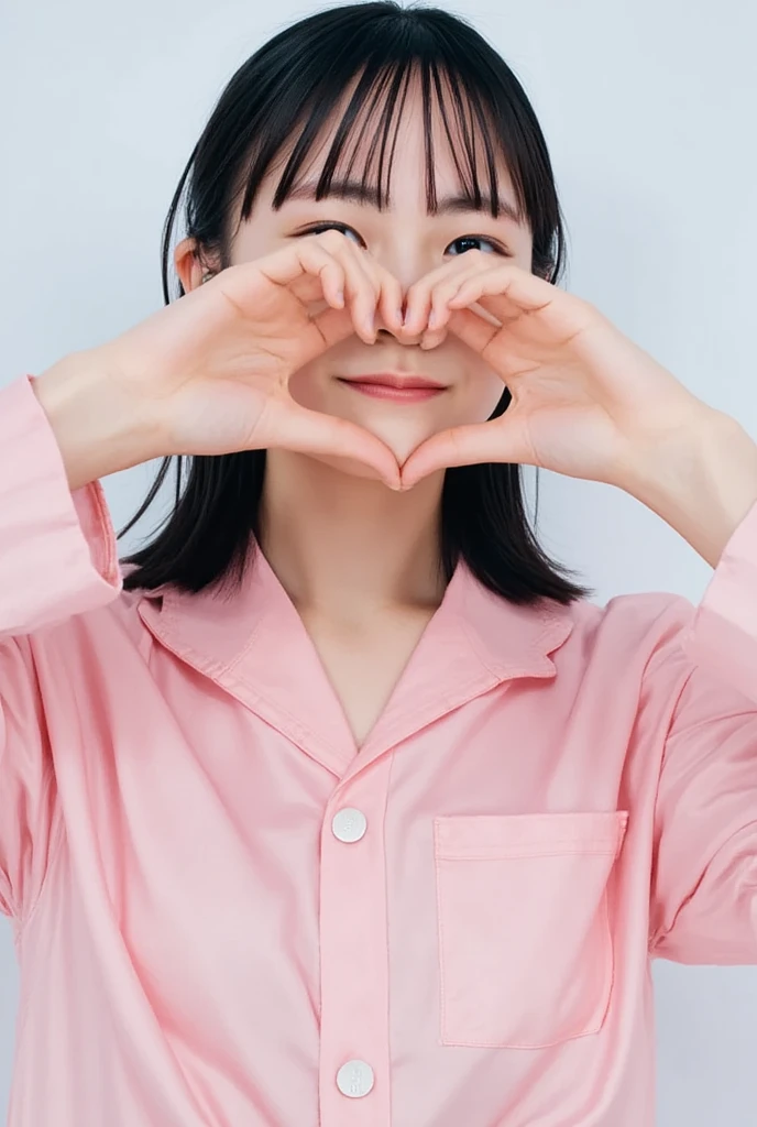 Only one smiling woman poses wearing cute pajamas with only her shoulders exposed, making a firm big heart shape with both hands, and holding them in front of her chest, View above collarbone、The background is a monotone 、
