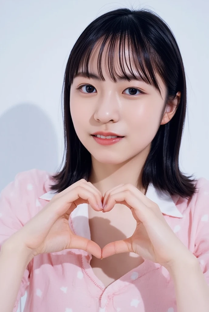 Only one smiling woman poses wearing cute pajamas with only her shoulders exposed, making a firm big heart shape with both hands, and holding them in front of her chest, View above collarbone、The background is a monotone 、
