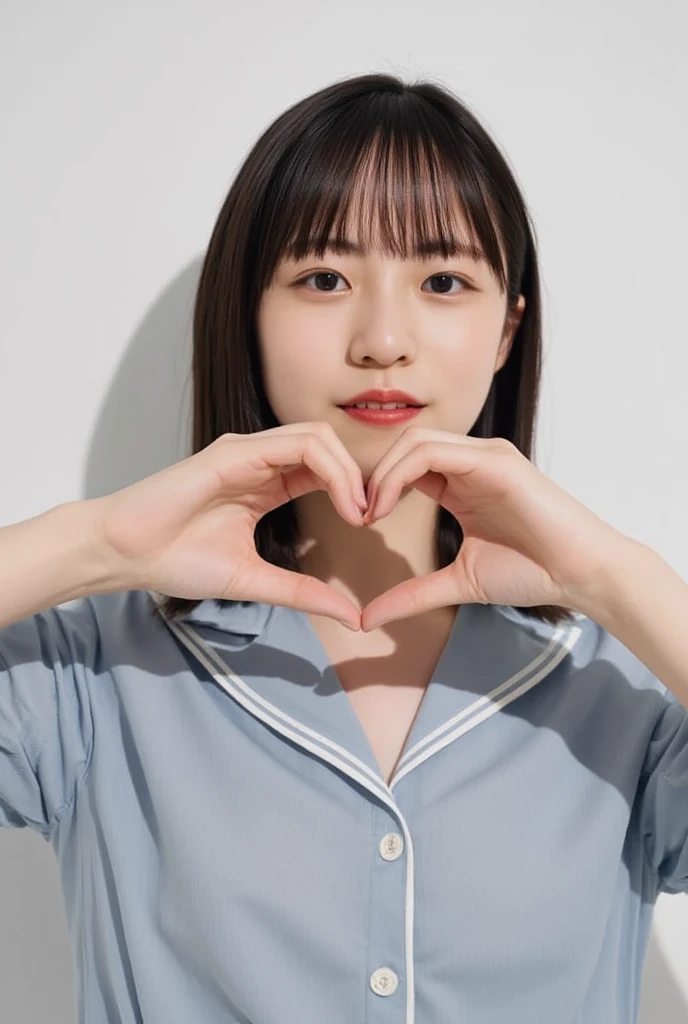 Only one smiling woman poses wearing cute pajamas with only her shoulders exposed, making a firm big heart shape with both hands, and holding them in front of her chest, View above collarbone、The background is a monotone 、
