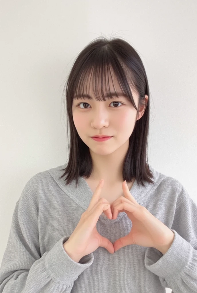 Only one smiling woman poses wearing cute pajamas with only her shoulders exposed, making a firm big heart shape with both hands, and holding them in front of her chest, View above collarbone、The background is a monotone 、
