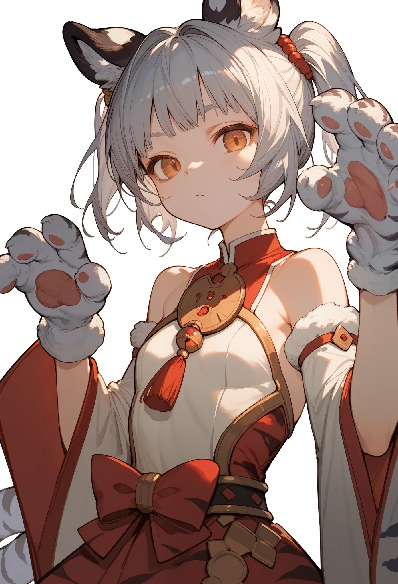 Masterpiece, 1girl,solo,bai and huang, animal ears,silver hair,small breasts,dress,bare shoulders,wide sleeves,sleeveless,hands up,animal hands,tiger paws,white fur, white background, simple background, upper body, score_9,score_8_up,score_7_up,score_6_up,