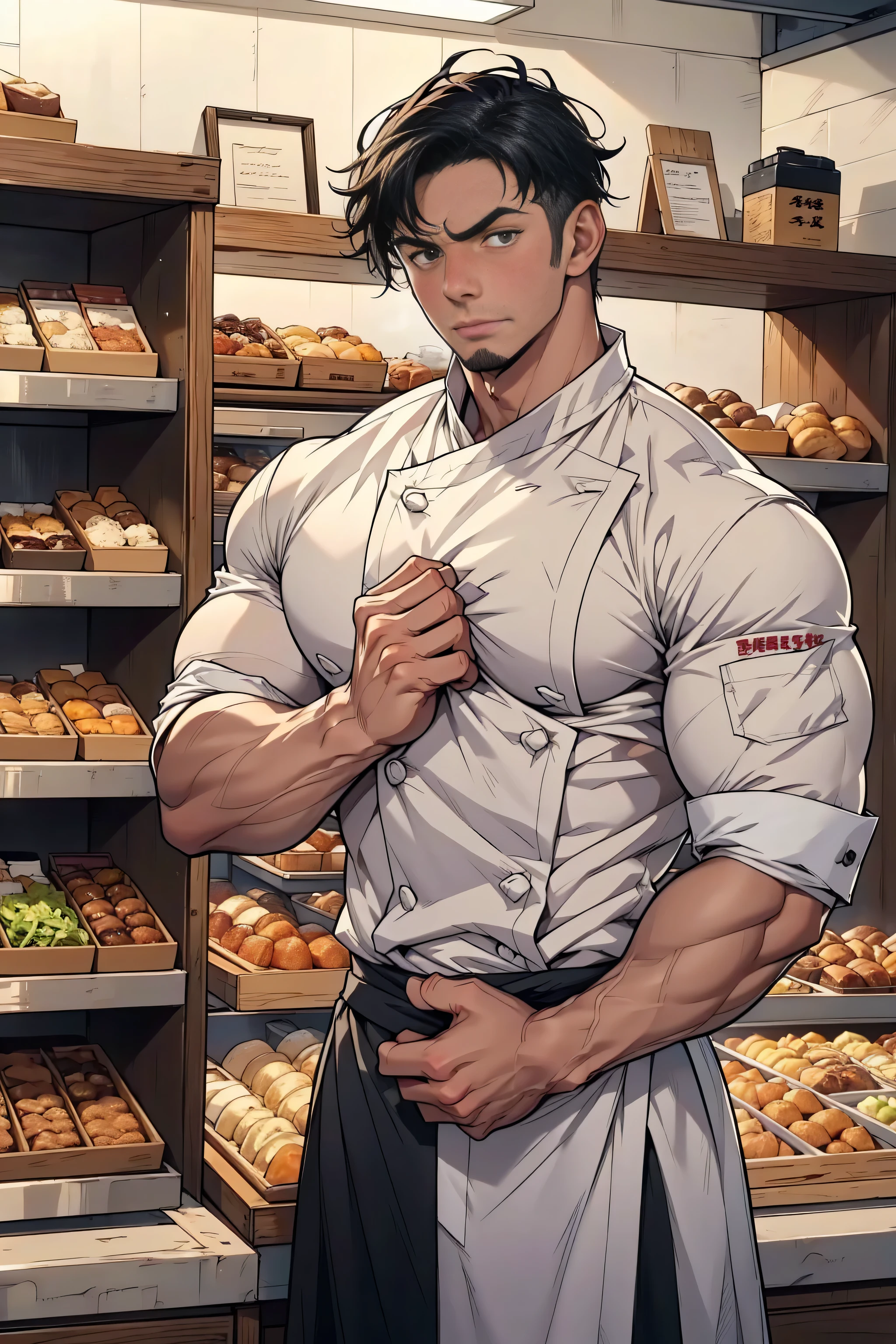 Chest-up shot,(( best quality)), ((masterpiece)), ( Details),  perfect face, high definition,masterpiece,4K, 1 macho man ,Japanese male who is musical,  stands in front of the bakery and dessert display、 wearing chef's clothes , chef&#39;s coat,chef,Bright hair ,  short curl hair ,  tanned skin, Skin becomes darker,  crew cut, Stubble,  maid outfit ,  is sexy and charming ,  at the coffee shop, Muscular,   handsome face,  brightly repairs ，The man is full of confidence 、 has a determined expression , 