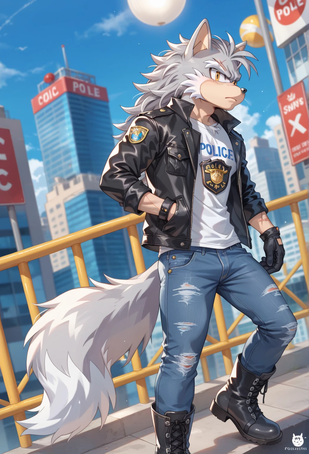 Male Wolf, ((Sonic character oc )), Masculine adult, ( silver fur in all body ), ( light gray inner ears ), (Alone), ( Short wild and messy hair ), City, scar near the left eye that crosses the left eye diagonally, wears a white T-shirt, closed black leather jacket, black gloves with cut toes Jeans and boots, yellow Eyes, Day time, ((mobian)), moebius, (Fluffy Fur), Large Fluffy Tail, serious and sexy pose, Secret Agent Police (Mobian Police Logo)